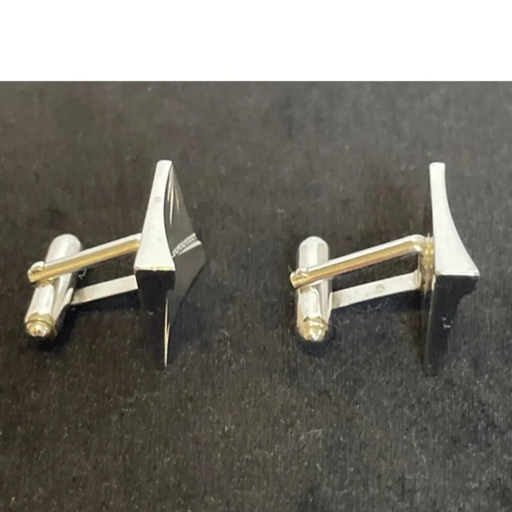 Silver Tone Square Etched Cufflinks Men's Vintage Formal Wear Bullet Back